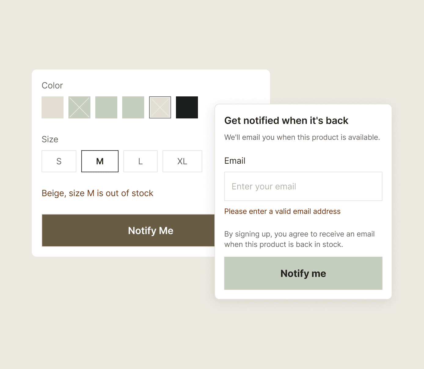 A sold-out Shopify product page with a Notify me form open, taking an email to alert when the product returns.