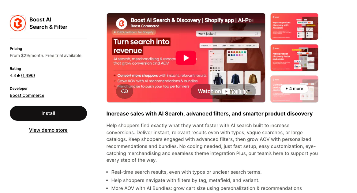 The Boost AI Search and Filter listing on the Shopify App Store by Boost Commerce, with a free trial.