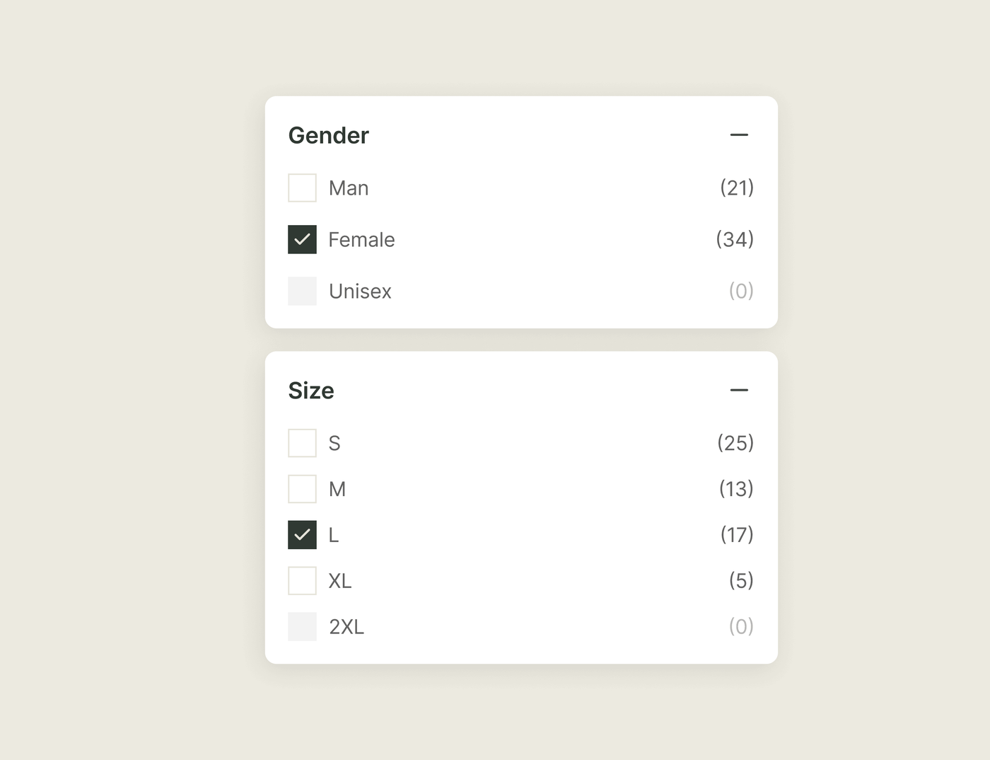 Shopify filter options showing a product count beside each one, with the empty options dropped from the list.