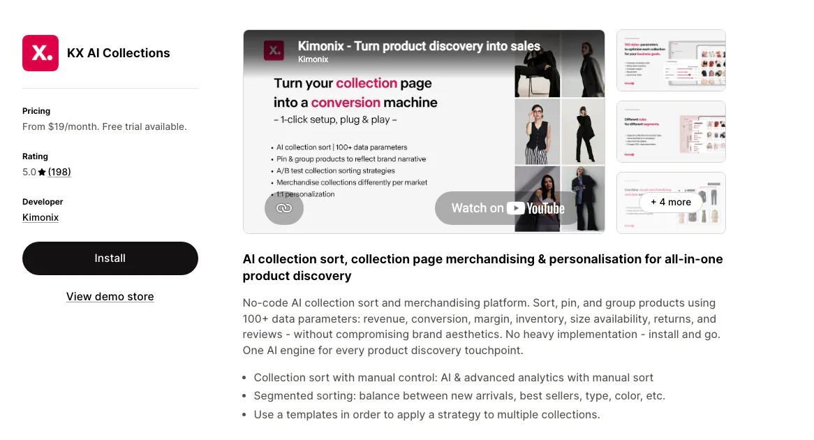 The KX AI Collections listing on the Shopify App Store by Kimonix, rated 5.0 from 230 reviews, from $19 a month with a free trial.