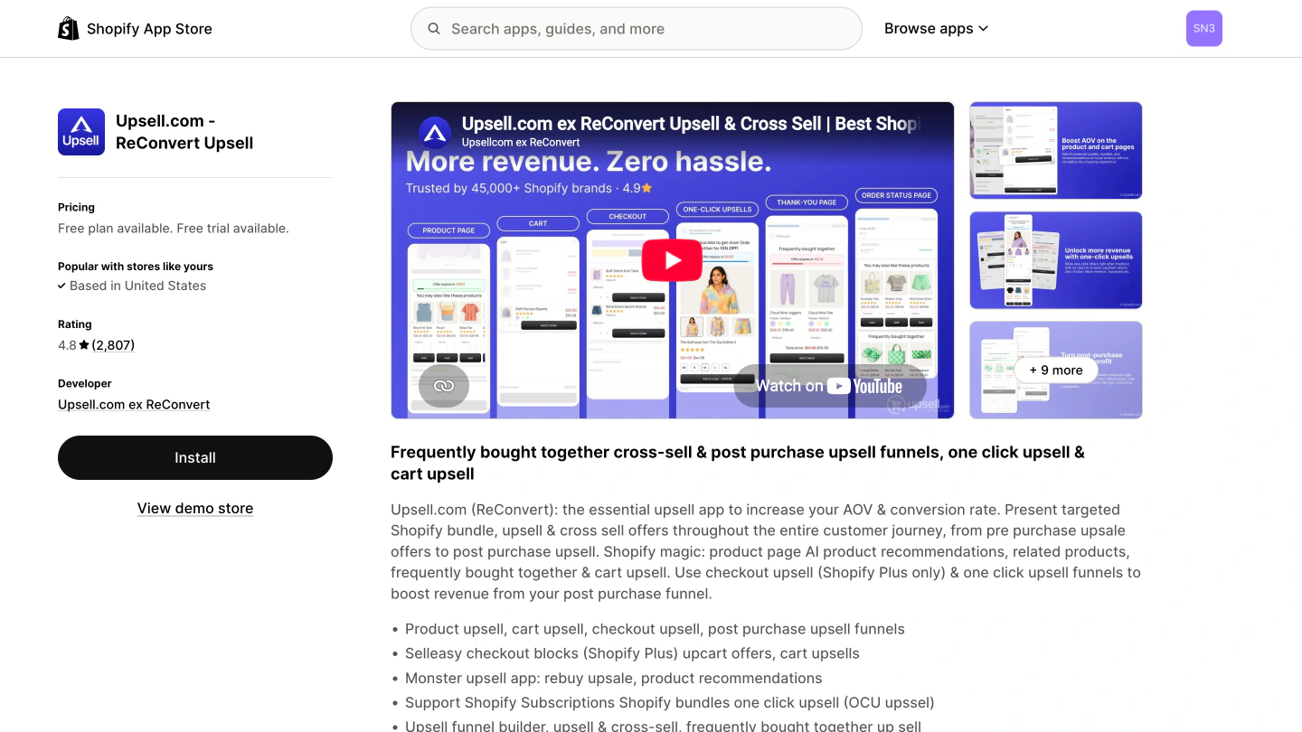 The Upsell.com - ReConvert Upsell listing on the Shopify App Store, rated 4.8 from 3,101 reviews with a free plan and a free trial.