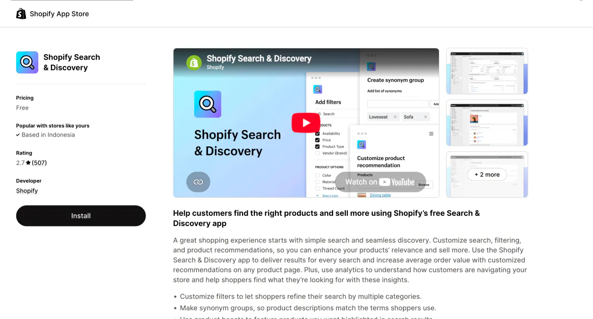 The free Shopify Search and Discovery listing on the Shopify App Store, rated 2.7 from 507 reviews and built by Shopify.
