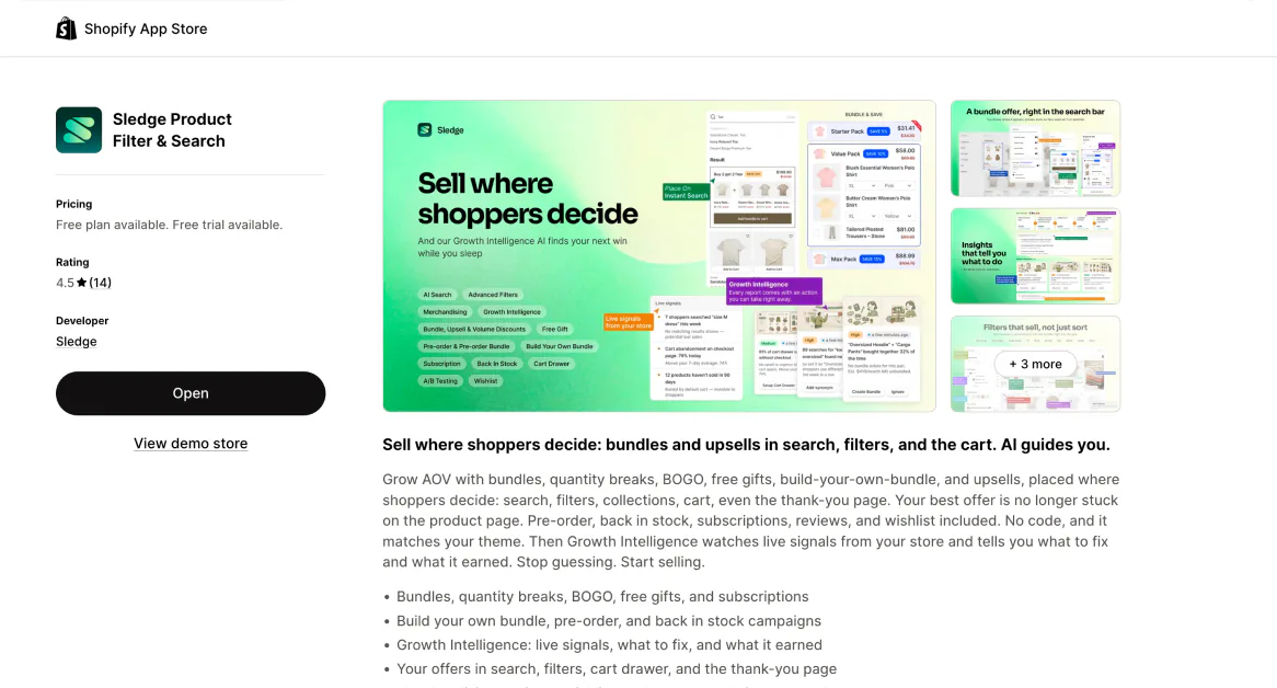 The Sledge Product Filter and Search listing on the Shopify App Store, rated 4.5 from 14 reviews with a free plan and a free trial.