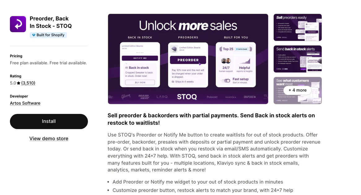 The Preorder, Back In Stock STOQ listing on the Shopify App Store by Artos Software, Built for Shopify.